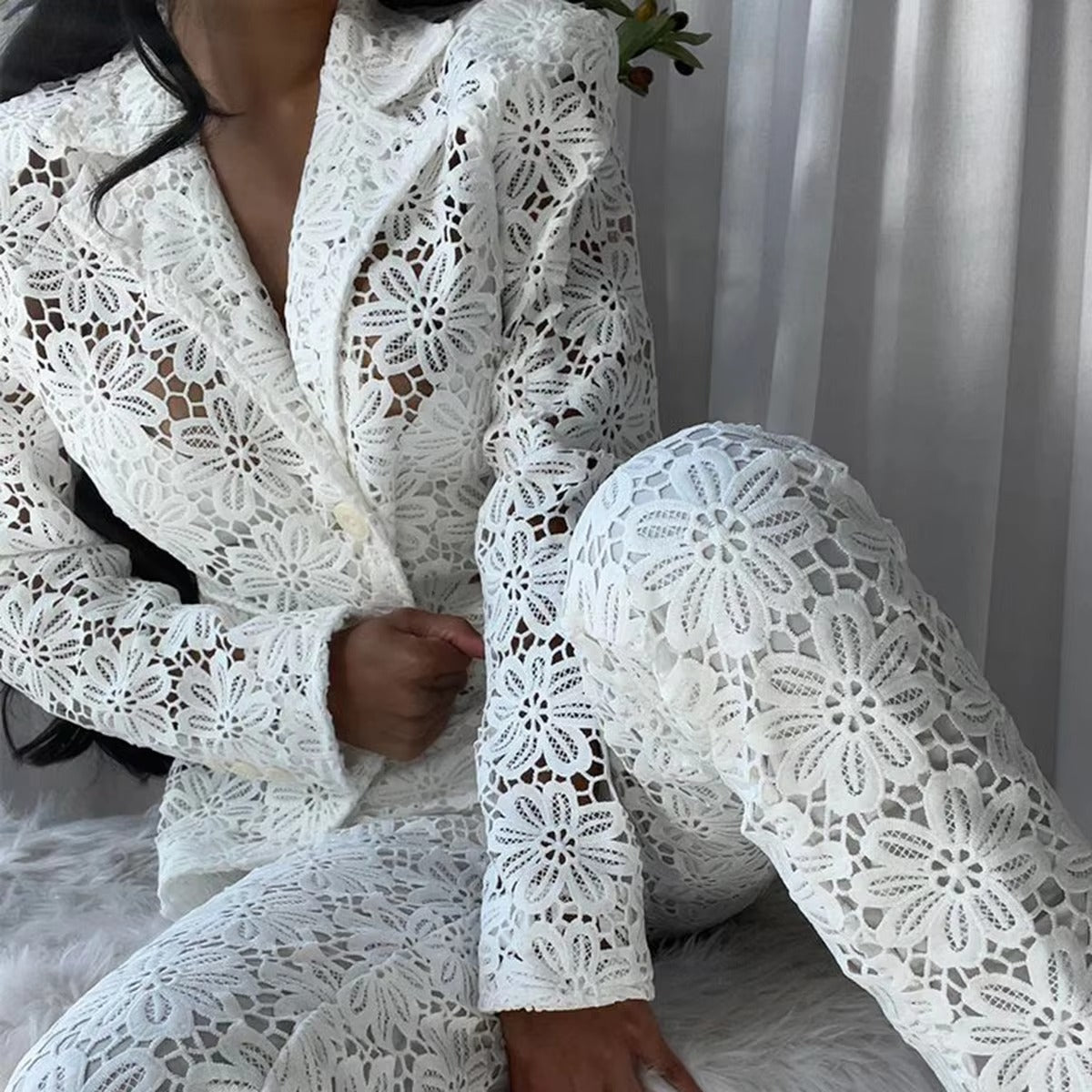 Women's Lace Long-Sleeve Trouser Suit – Elegant for Weddings, Cocktail Parties & More