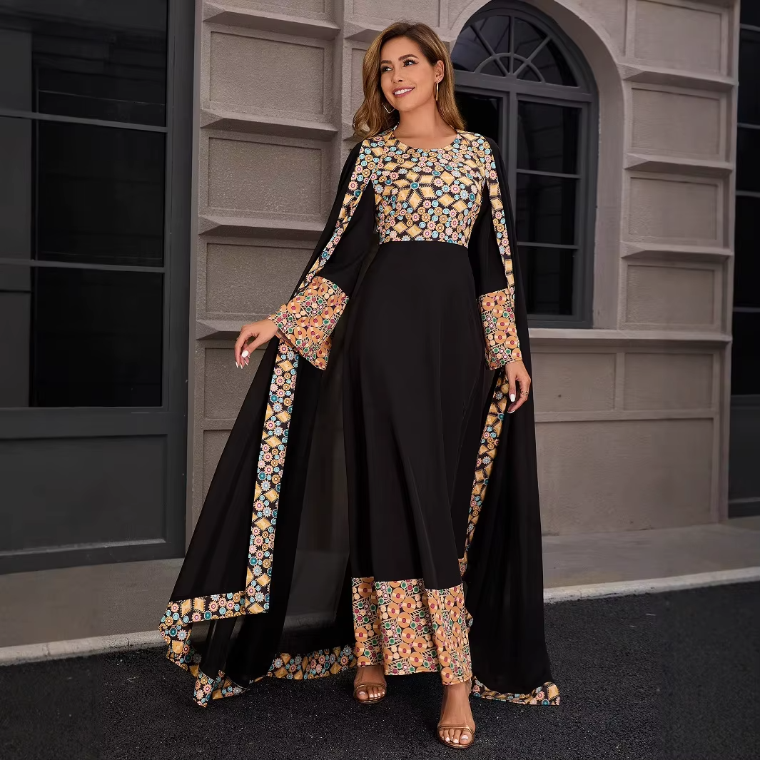 Dubai Vintage Muslim Evening Dress Set – Chiffon-Spliced, Printed Two-Piece, Middle Eastern Abaya