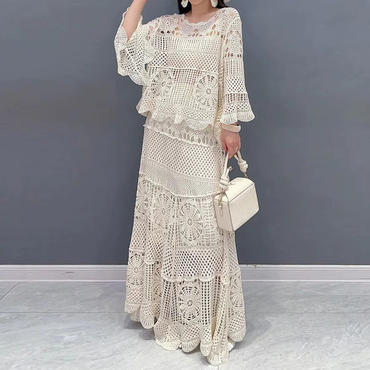 Wholesale Women's New Lace Two-Piece Set – Elegant O-Neck, Loose Sleeveless, Casual Dress & Shirt