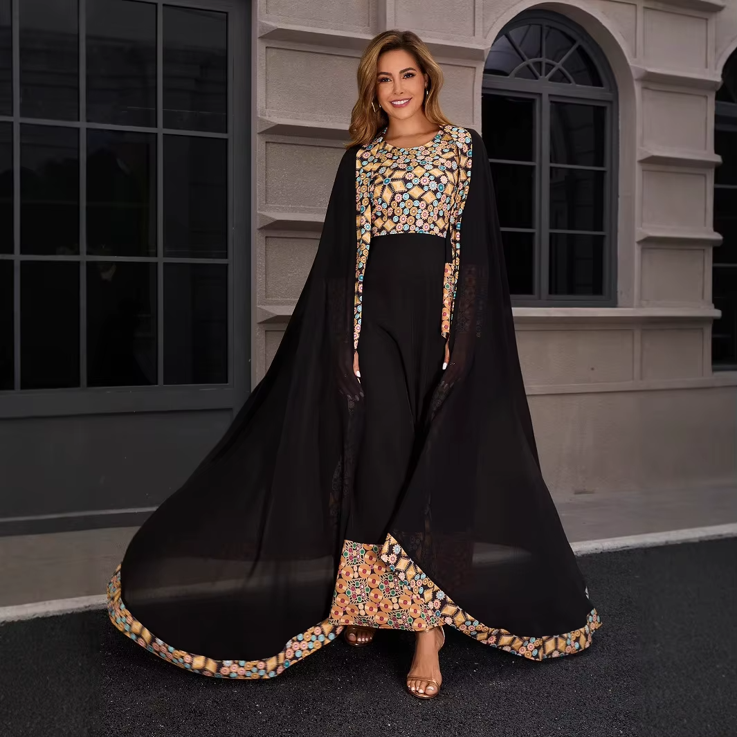 Dubai Vintage Muslim Evening Dress Set – Chiffon-Spliced, Printed Two-Piece, Middle Eastern Abaya