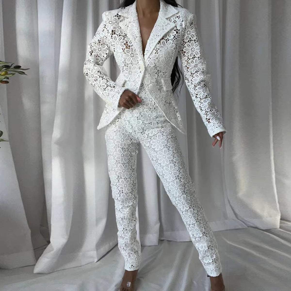 Women's Lace Long-Sleeve Trouser Suit – Elegant for Weddings, Cocktail Parties & More