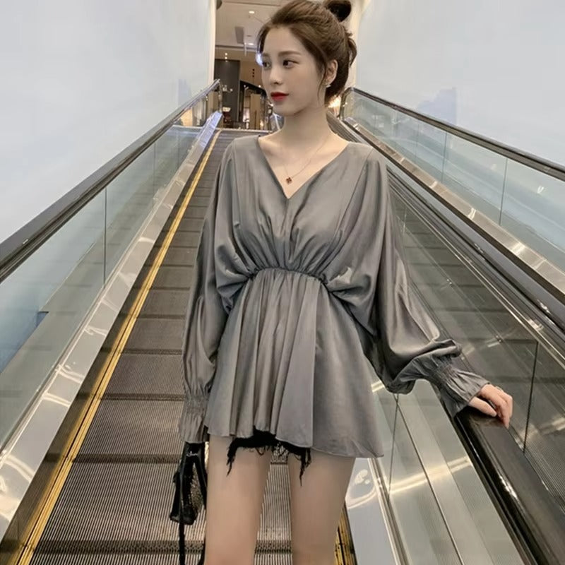 V-Neck Leisure Shirt – New Design, Waist-Cinching, Slimming Fashionable Long-Sleeve Women's Shirt