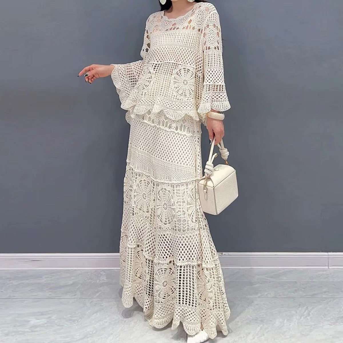 Wholesale Women's New Lace Two-Piece Set – Elegant O-Neck, Loose Sleeveless, Casual Dress & Shirt
