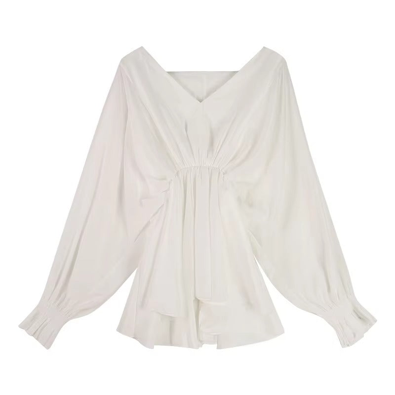 V-Neck Leisure Shirt – New Design, Waist-Cinching, Slimming Fashionable Long-Sleeve Women's Shirt