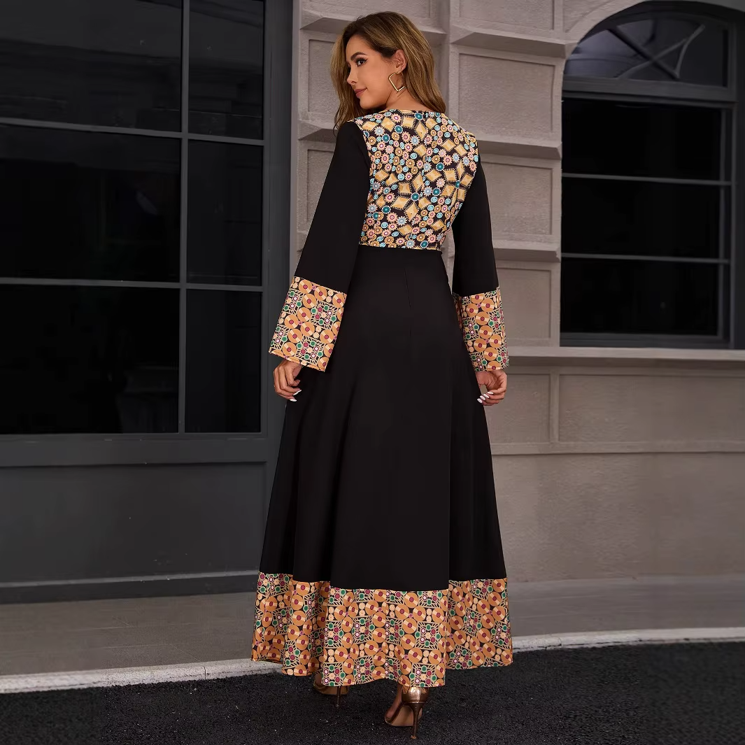 Dubai Vintage Muslim Evening Dress Set – Chiffon-Spliced, Printed Two-Piece, Middle Eastern Abaya