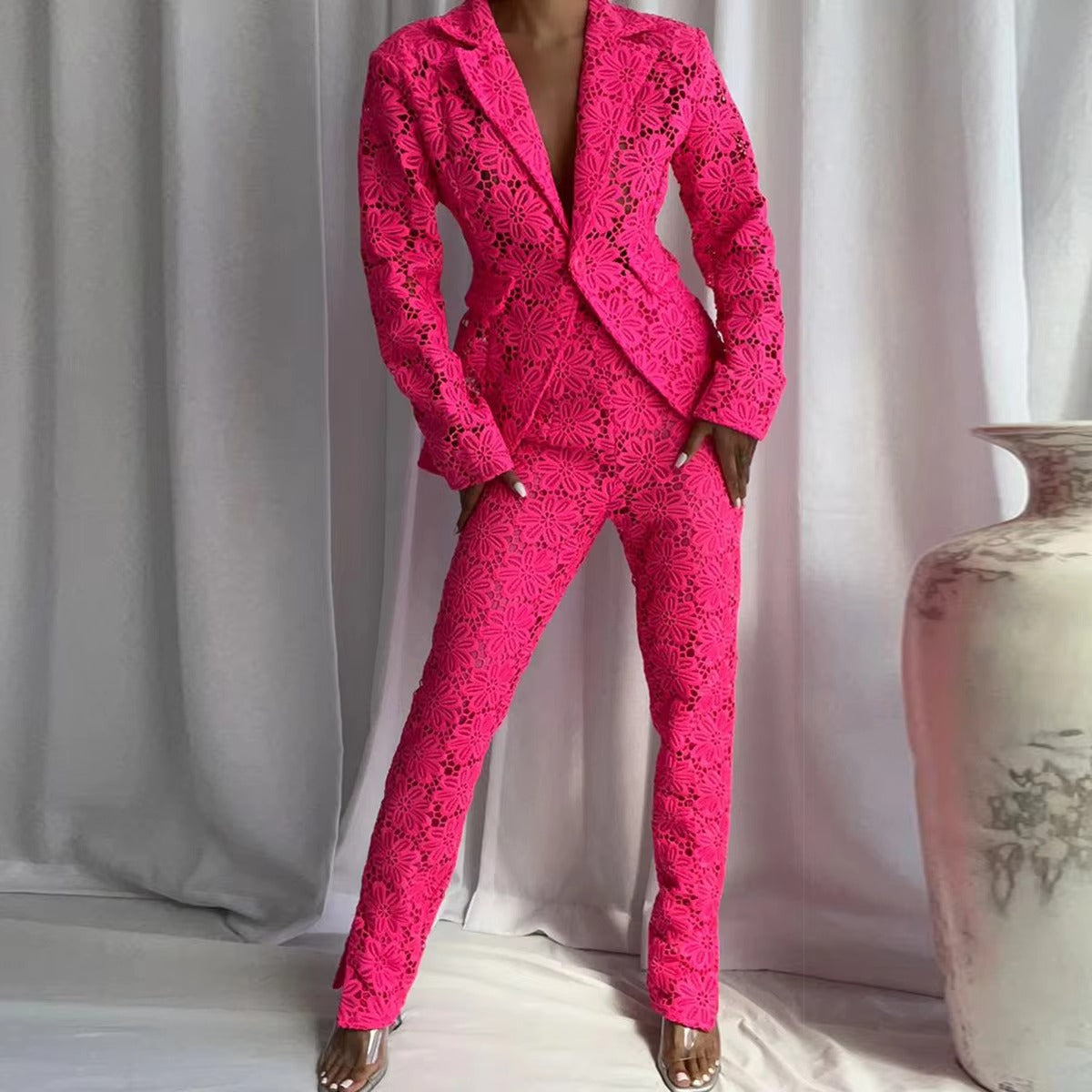 Women's Lace Long-Sleeve Trouser Suit – Elegant for Weddings, Cocktail Parties & More