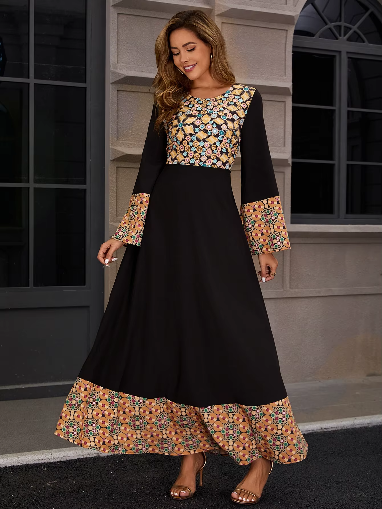 Dubai Vintage Muslim Evening Dress Set – Chiffon-Spliced, Printed Two-Piece, Middle Eastern Abaya