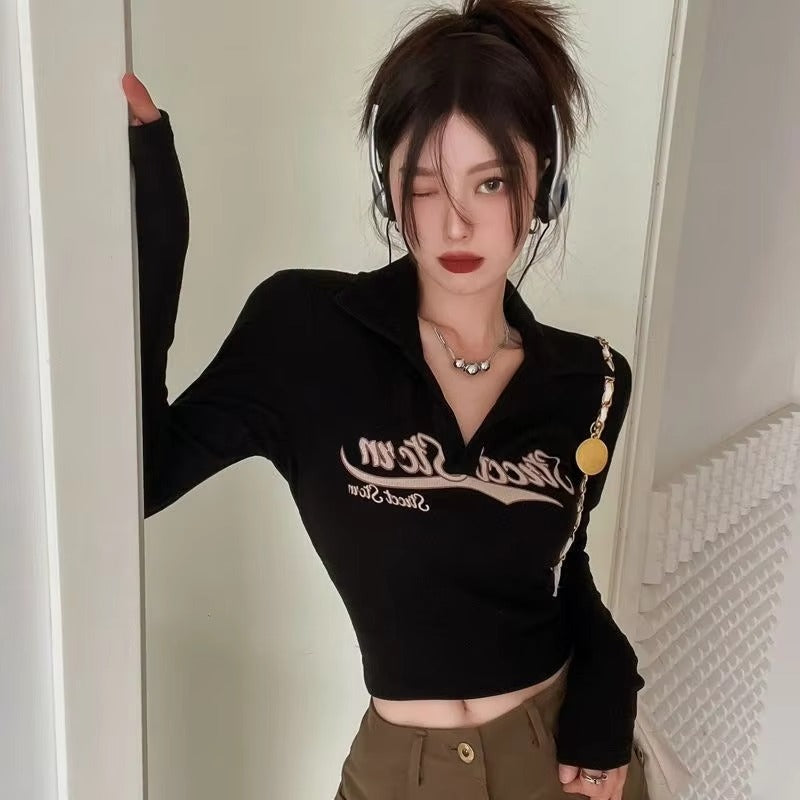 Polo Collar Long-Sleeve Base Shirt – Irregular Slim-Fit Top