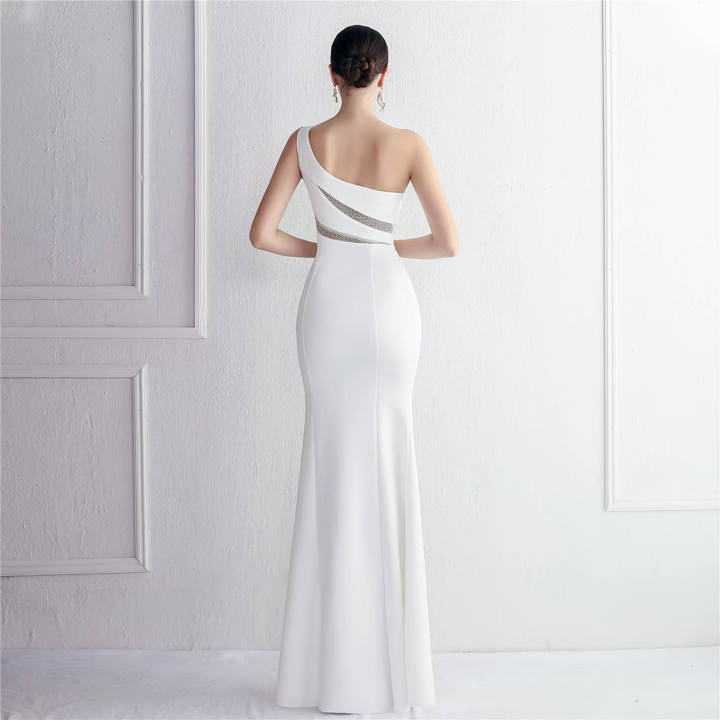 Slim fishtail wedding dress – one-shoulder, diamond-embellished, empire waist, summer