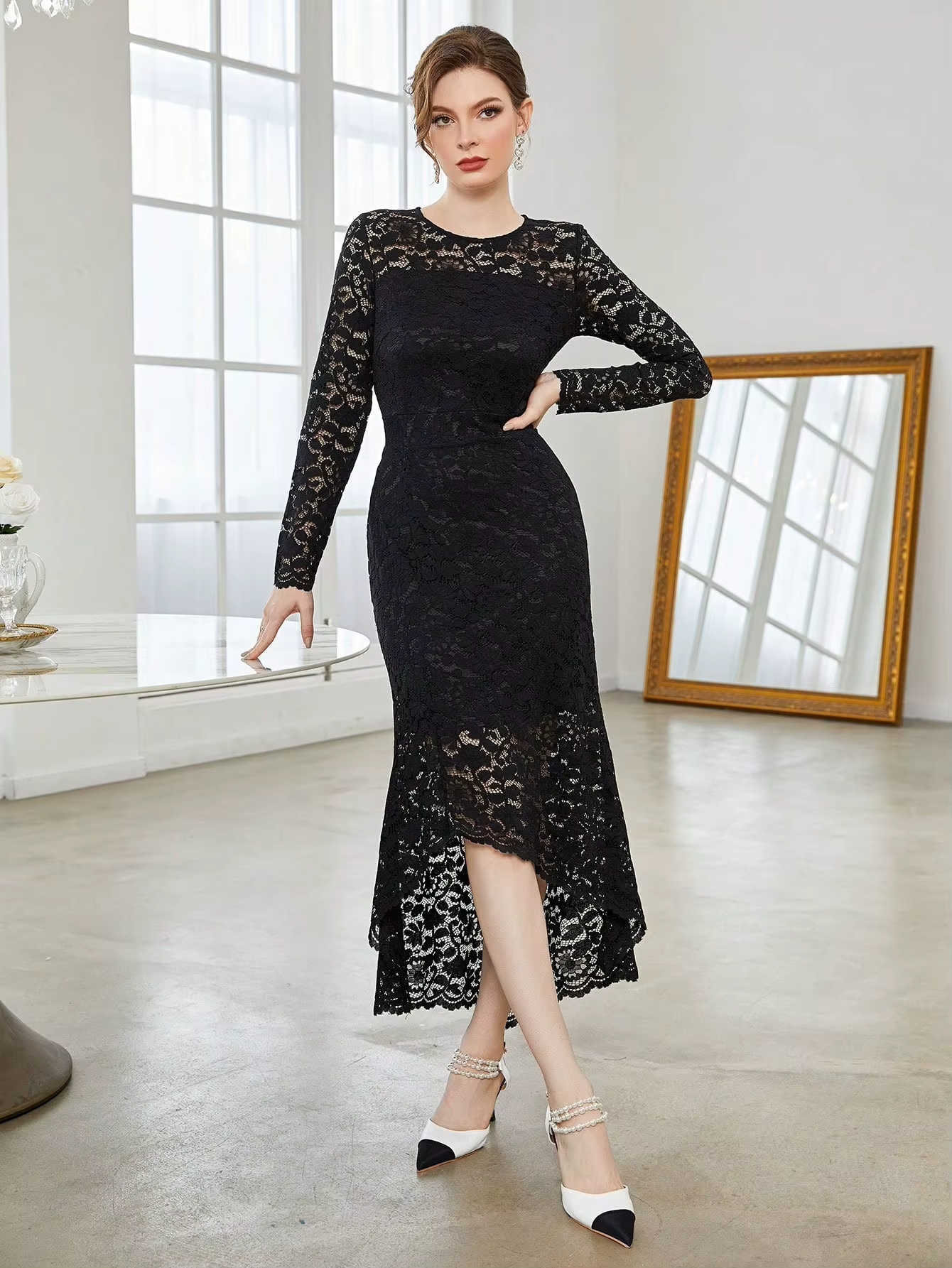 Women's black maxi dress – summer, long sleeve, A-line, lace trim, versatile