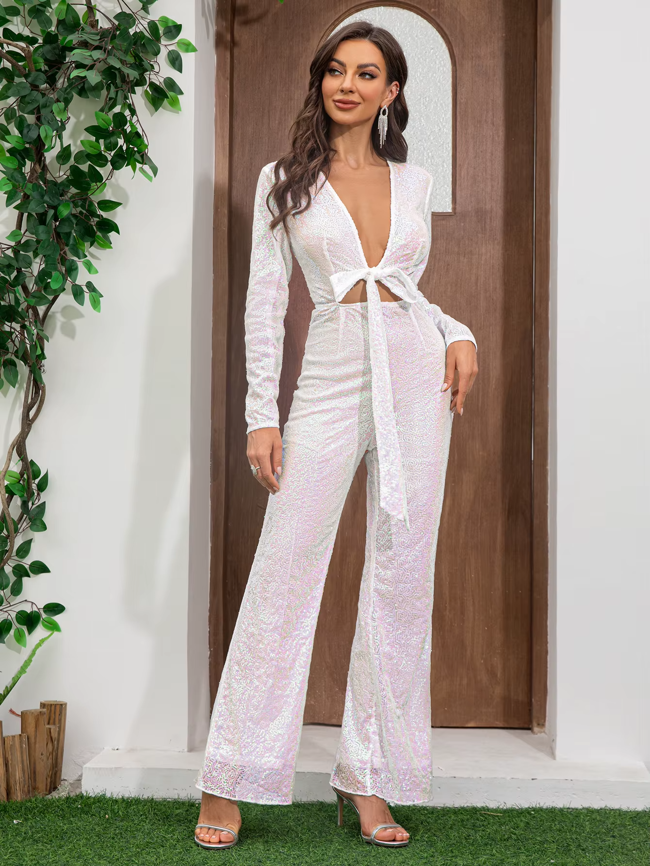 Cross-Border Popular Women's Deep V Jumpsuit – Long-Sleeve, High-Waisted Wide-Leg, Lace Sequined, Casual