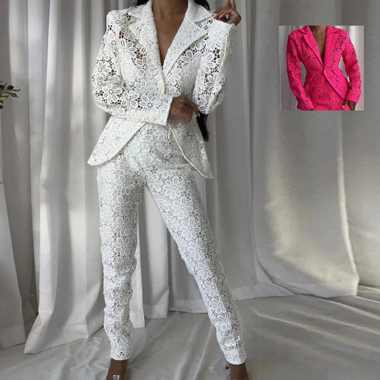 Women's Lace Long-Sleeve Trouser Suit – Elegant for Weddings, Cocktail Parties & More