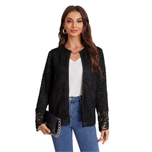 Chic Women's Spring-Summer Blazer – Elegant Office Outerwear, Lace Trim, Solid Color