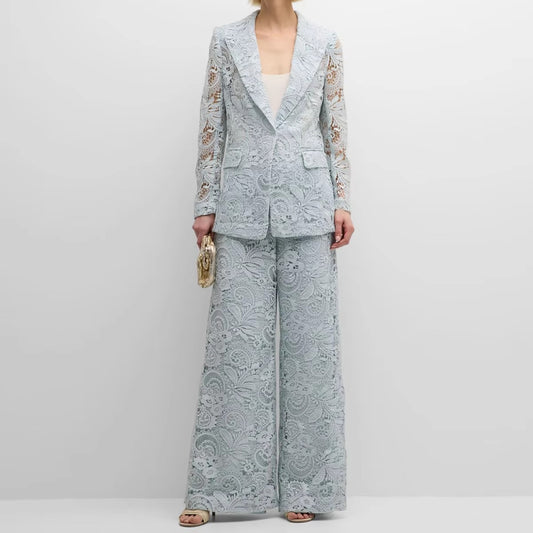 Embroidered Lace Lapel Pants Suit – Long Sleeve, Formal Evening Wear for Autumn & Winter