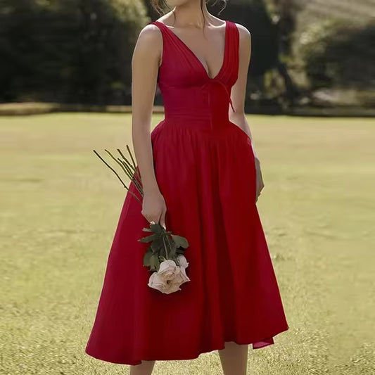 Summer printed dress – V-neck, slim, sexy halter, vacation, elegant empire