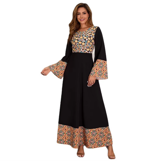 Dubai Vintage Muslim Evening Dress Set – Chiffon-Spliced, Printed Two-Piece, Middle Eastern Abaya