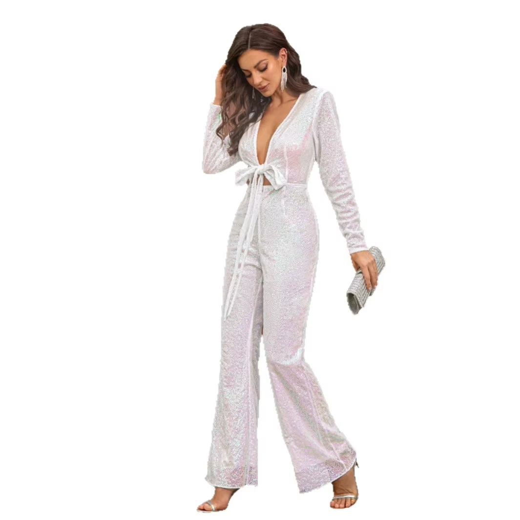 Cross-Border Popular Women's Deep V Jumpsuit – Long-Sleeve, High-Waisted Wide-Leg, Lace Sequined, Casual
