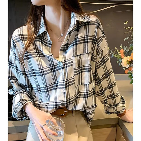 Check Women's Shirt – Vintage, Trendy, Versatile Long-Sleeve Casual Shirt