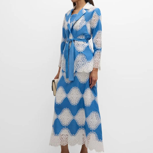 Lace-Embellished Two-Piece Set – Long-Sleeve Traditional Jacket & Ankle-Length Embroidered Skirt Dress