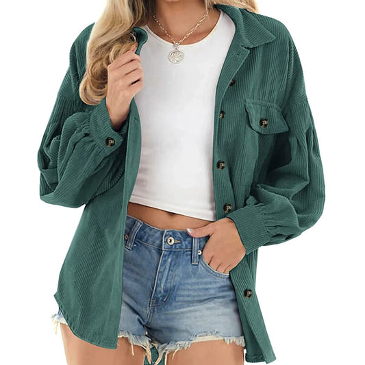 Wholesale loose corduroy shirt jacket – lapel, double pocket, long sleeve, vintage, women's, solid color