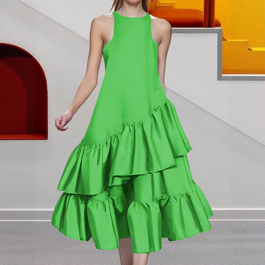 High-end summer evening dress – satin, ruffled, floor-length, European American style