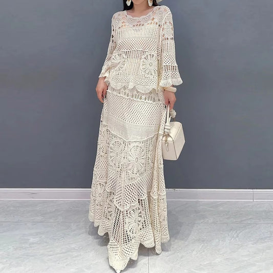Wholesale Women's New Lace Two-Piece Set – Elegant O-Neck, Loose Sleeveless, Casual Dress & Shirt