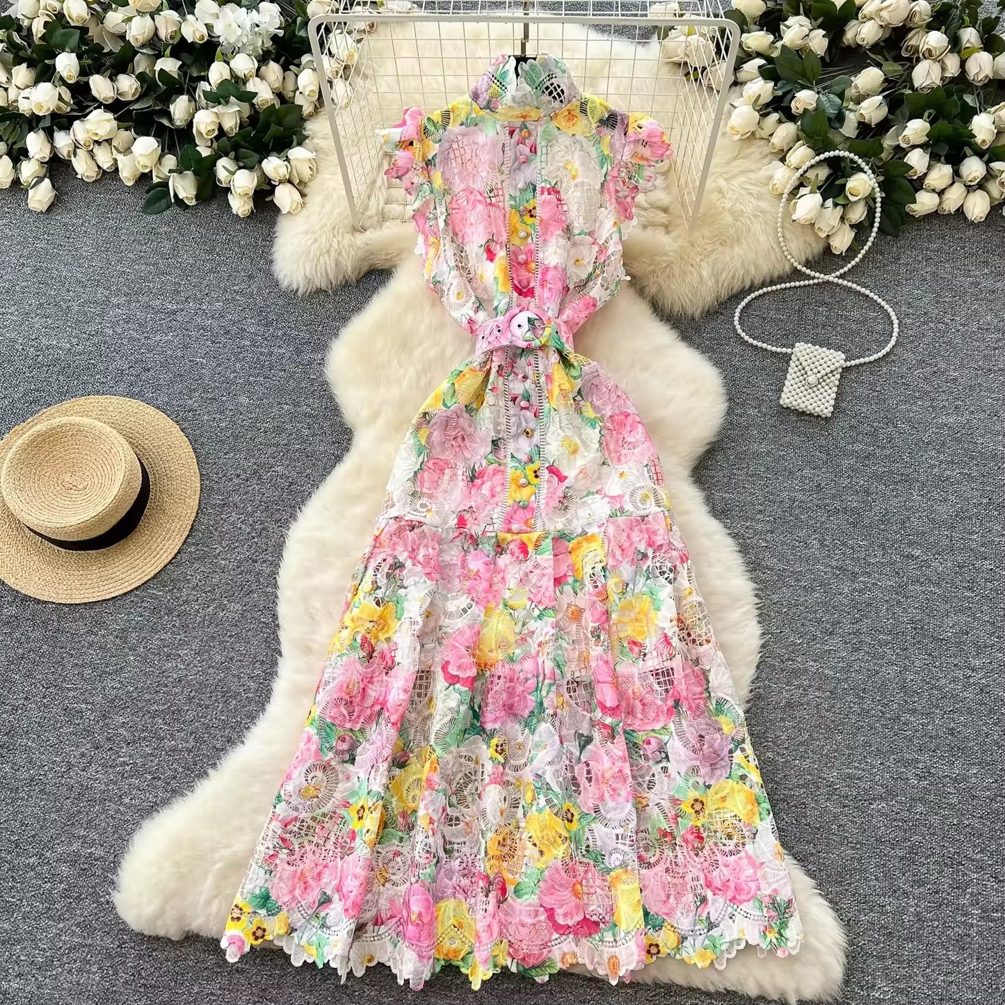 Wholesale vintage satin maxi dress – elegant, floral, natural hook lace, women's