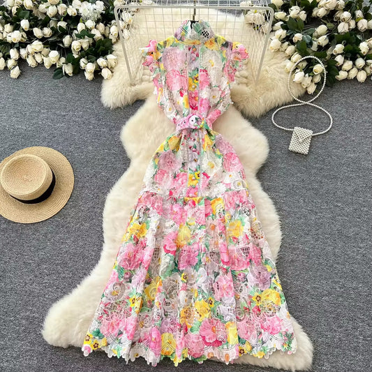 Wholesale vintage satin maxi dress – elegant, floral, natural hook lace, women's