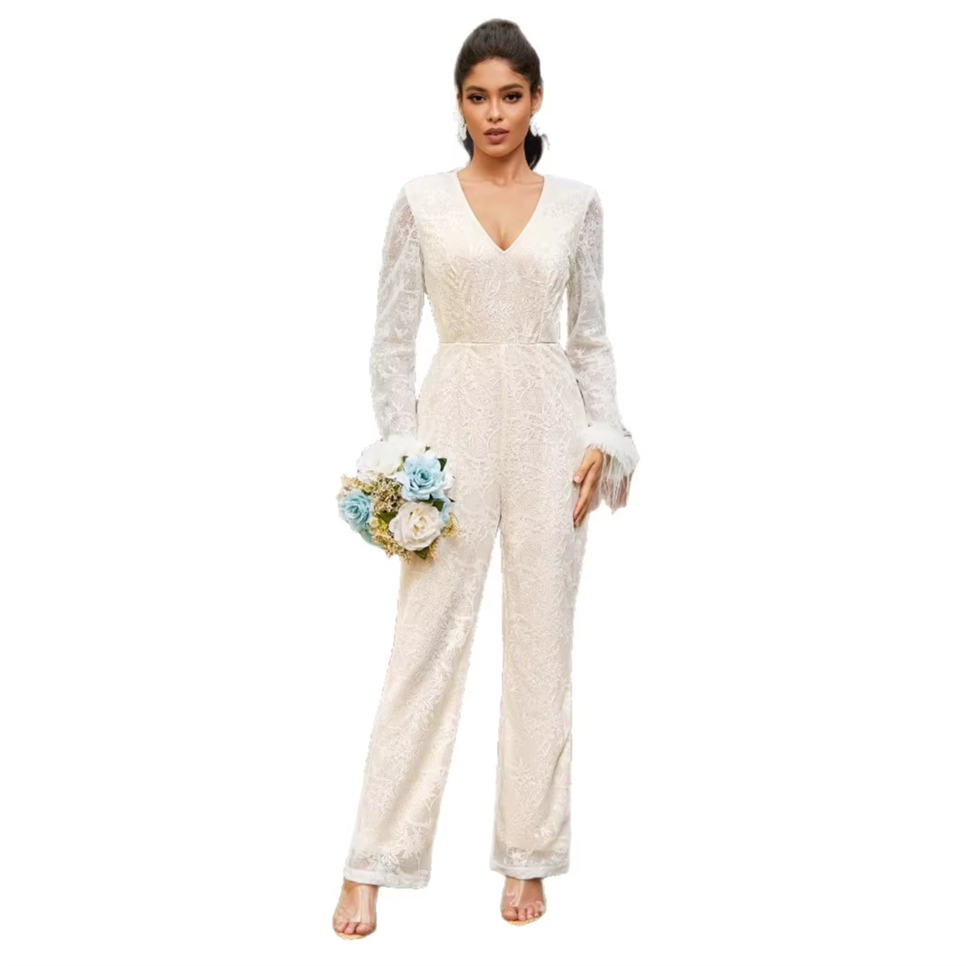 2025 Women's Deep V Lace Jumpsuit – Sexy Long-Sleeve, Above-Knee, New Style for Parties