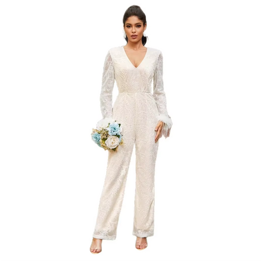 2025 Women's Deep V Lace Jumpsuit – Sexy Long-Sleeve, Above-Knee, New Style for Parties
