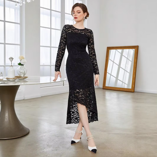 Women's black maxi dress – summer, long sleeve, A-line, lace trim, versatile