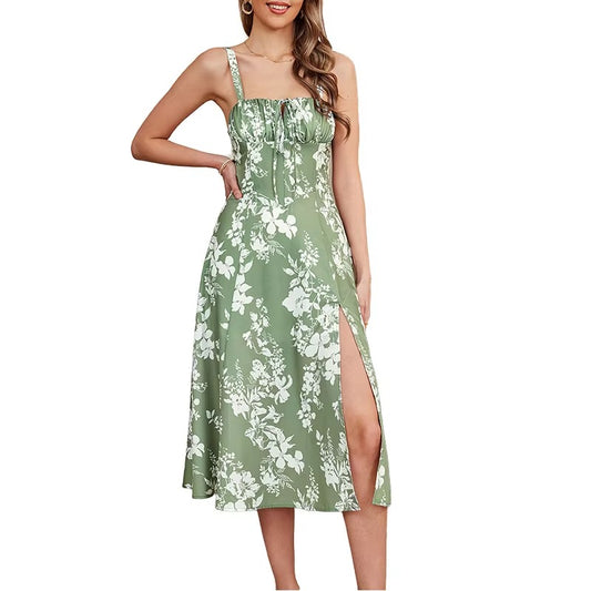 Women's floral sundress – spaghetti strap, fishbone, A-line midi, crisscross, high slit, summer beach