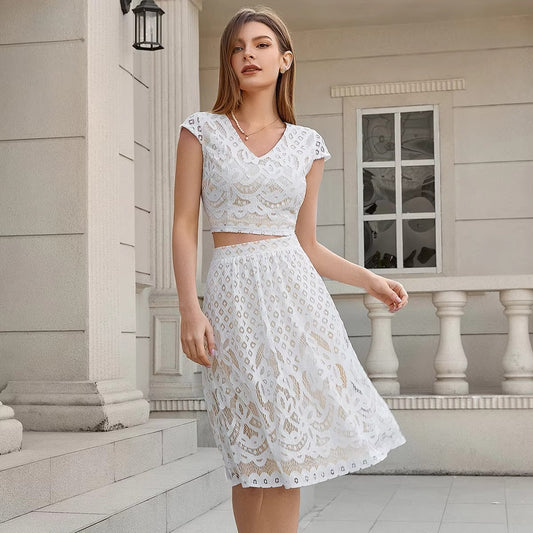 Ladies' New Elegant V-neck Suit – Short-sleeved, Lace, for Parties & Dinners