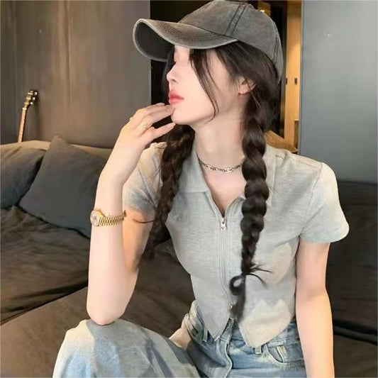 Slim-Fit Short-Sleeve Blouse – Open Front, Zippered Women's T-shirt