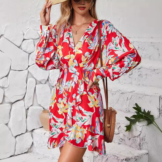 Women's printed short dress – V-neck, irregular hem, chiffon, summer, Amazon hot-selling, casual elegant