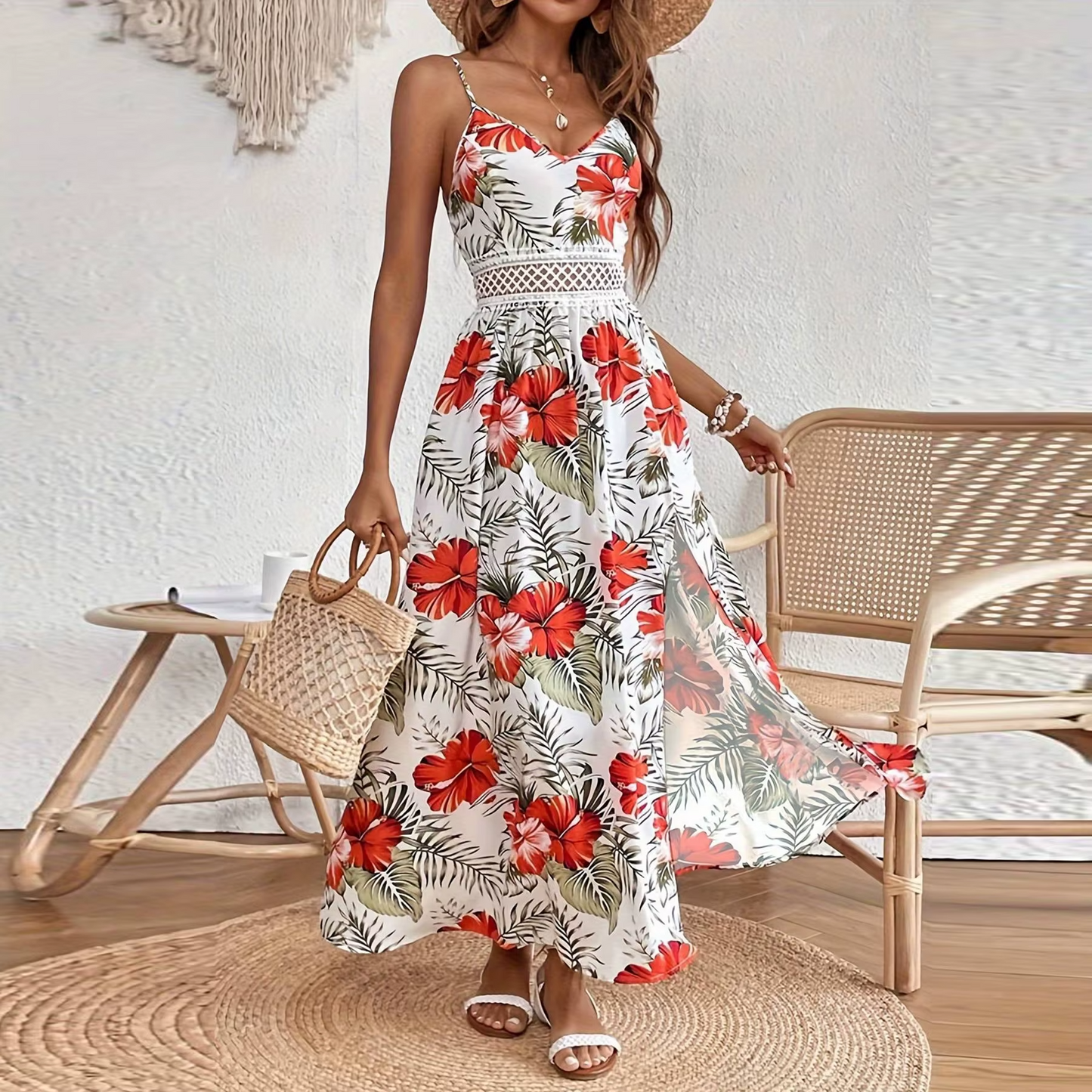 Women's sweet bohemia chiffon maxi dress – sleeveless, floral print, split, for parties