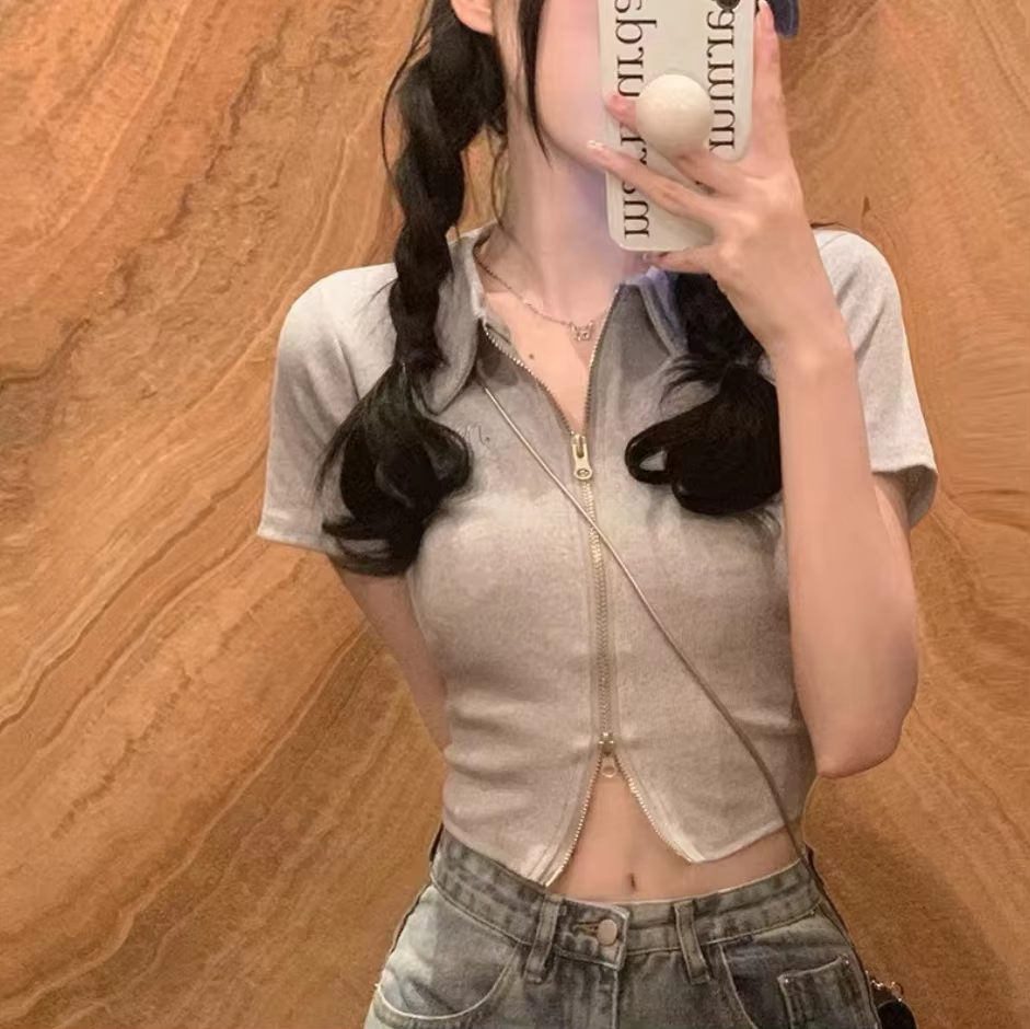 Slim-Fit Short-Sleeve Blouse – Open Front, Zippered Women's T-shirt