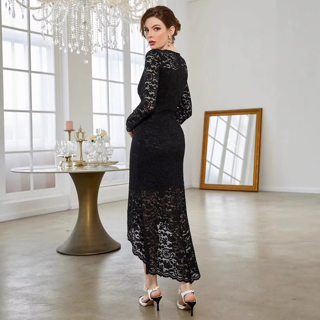Women's black maxi dress – summer, long sleeve, A-line, lace trim, versatile