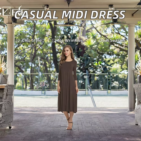 Women's midi dress – solid, O-neck, 3/4 sleeve, swing, summer-autumn, plus size, casual day