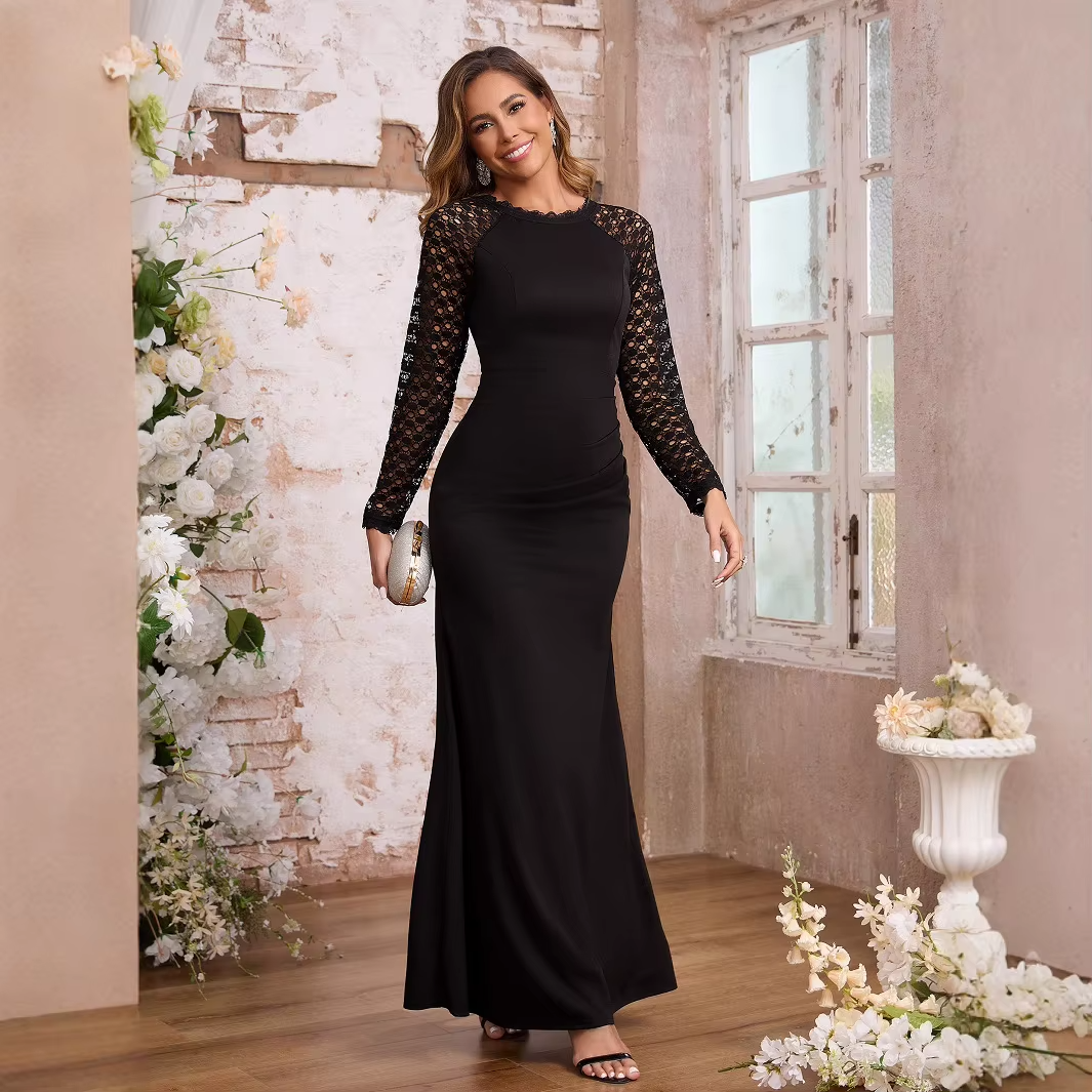 Autumn winter long-sleeved dress – European American style, waist-covering, hip-length, new lace splicing