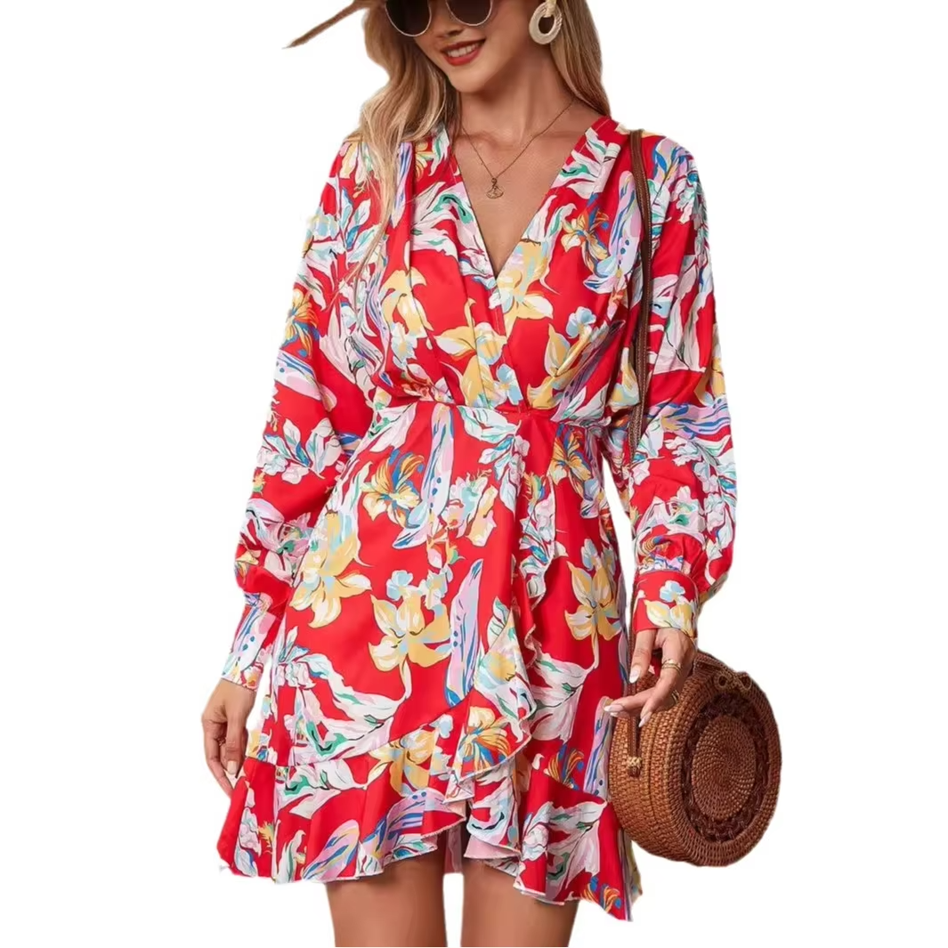 Women's printed short dress – V-neck, irregular hem, chiffon, summer, Amazon hot-selling, casual elegant