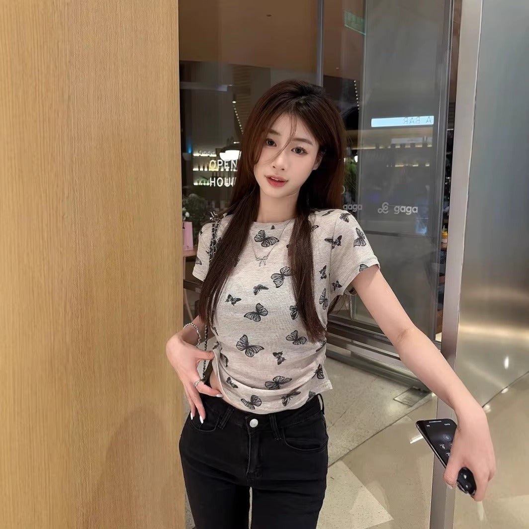 Butterfly Print Women's T-shirts – Hot-Selling Round Neck, Fashionable Tops