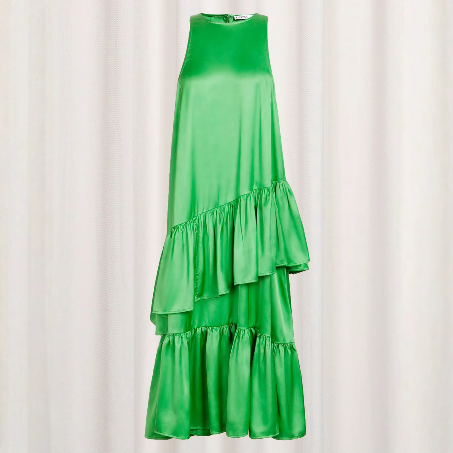 High-end summer evening dress – satin, ruffled, floor-length, European American style