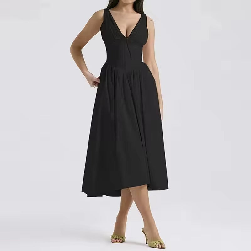 Summer printed dress – V-neck, slim, sexy halter, vacation, elegant empire