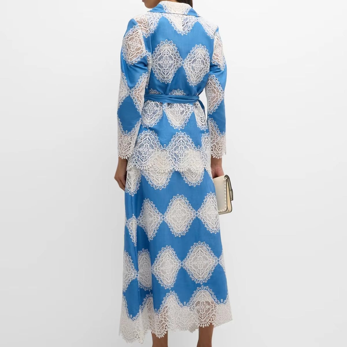 Lace-Embellished Two-Piece Set – Long-Sleeve Traditional Jacket & Ankle-Length Embroidered Skirt Dress