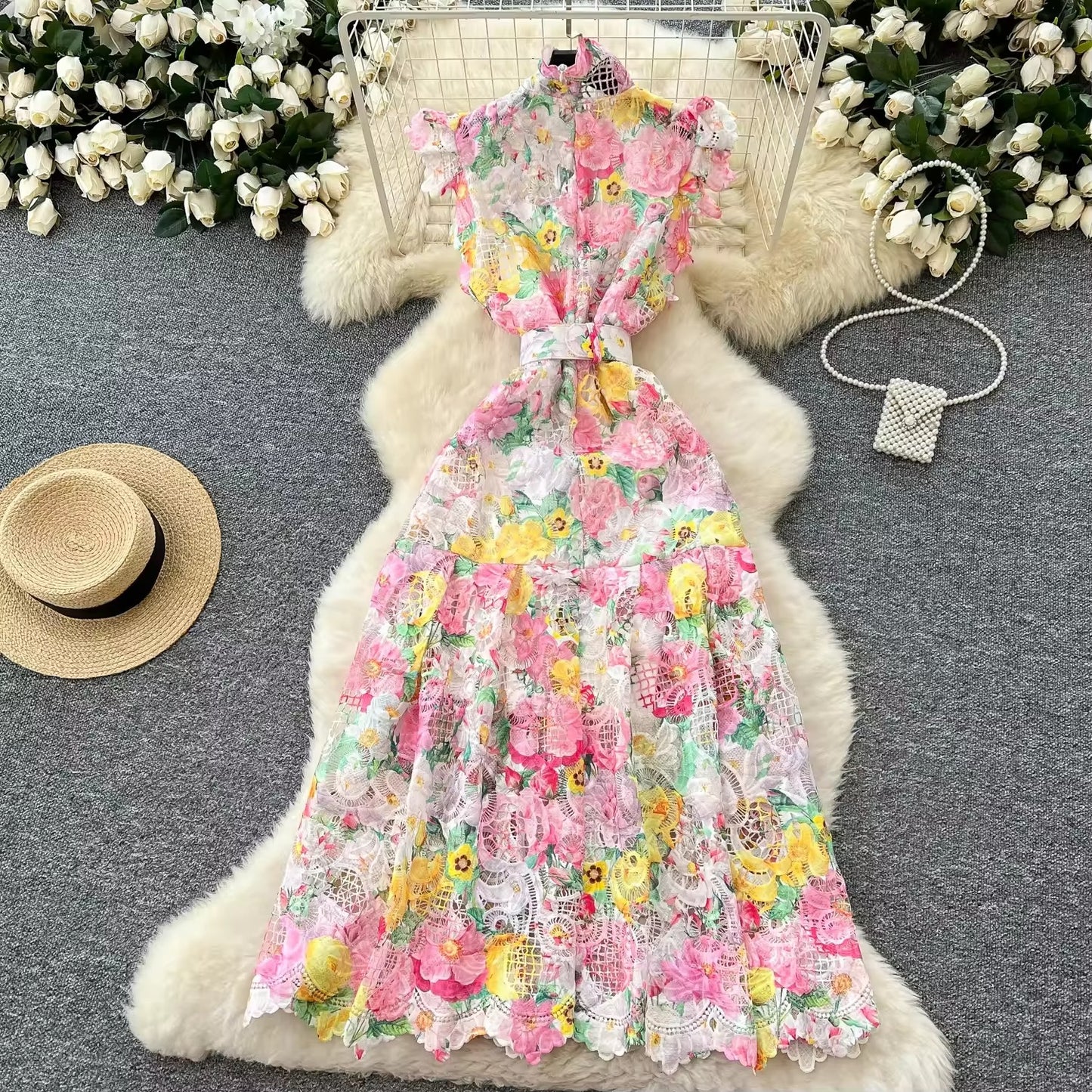 Wholesale vintage satin maxi dress – elegant, floral, natural hook lace, women's