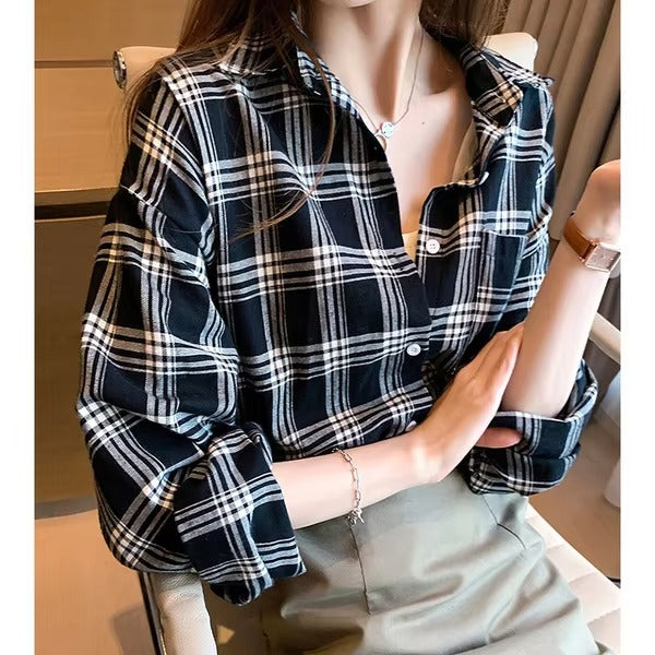Check Women's Shirt – Vintage, Trendy, Versatile Long-Sleeve Casual Shirt
