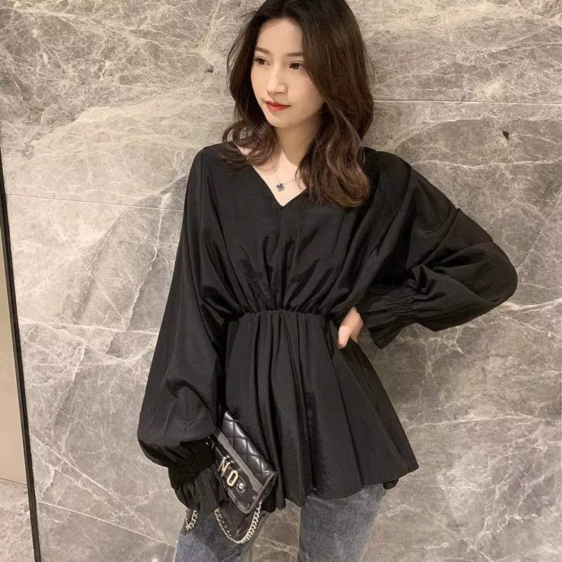 V-Neck Leisure Shirt – New Design, Waist-Cinching, Slimming Fashionable Long-Sleeve Women's Shirt