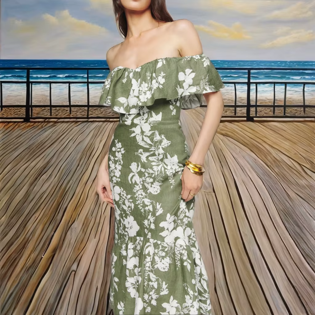 Women's floral sundress – spaghetti strap, fishbone, A-line midi, crisscross, high slit, summer beach