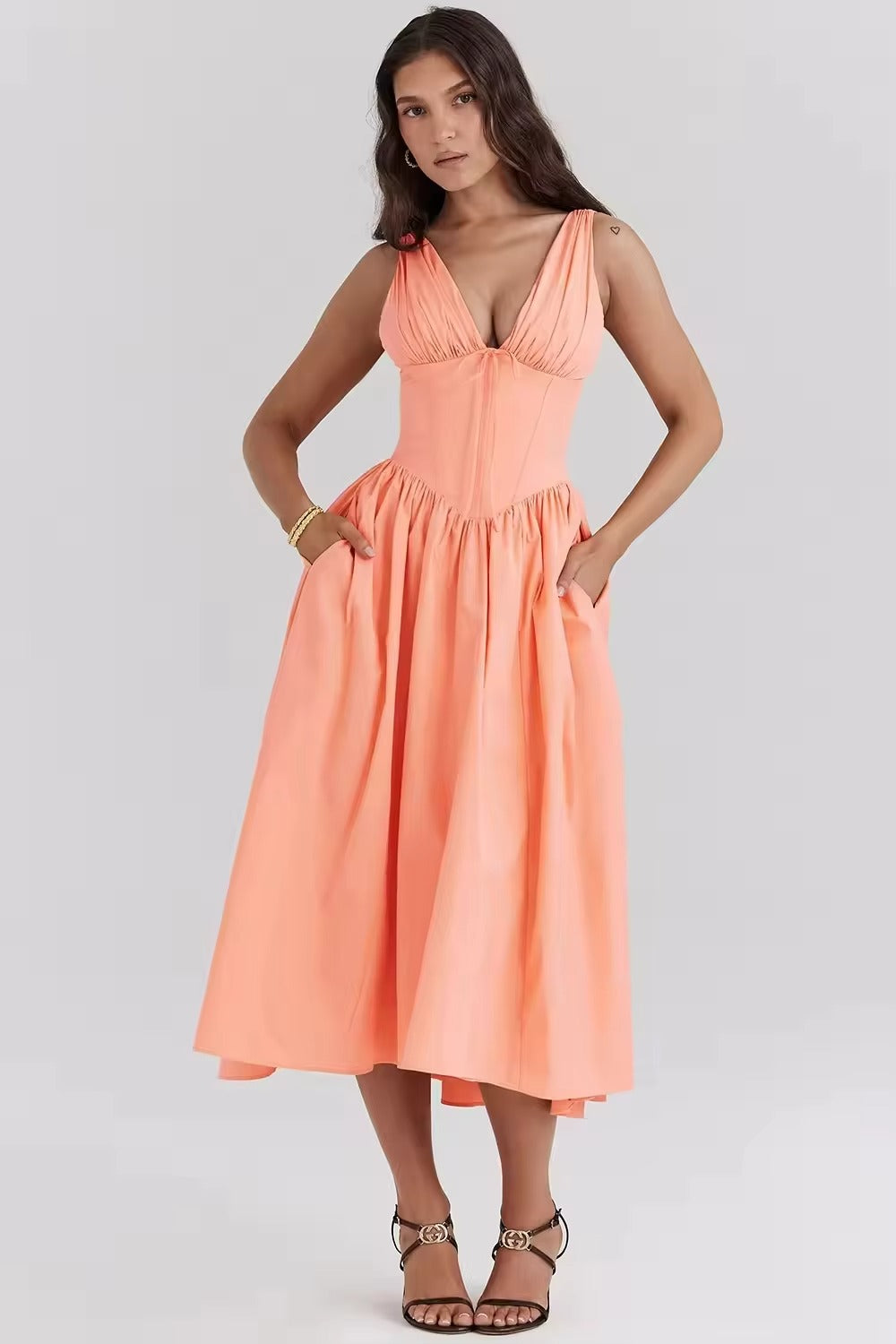 Summer printed dress – V-neck, slim, sexy halter, vacation, elegant empire